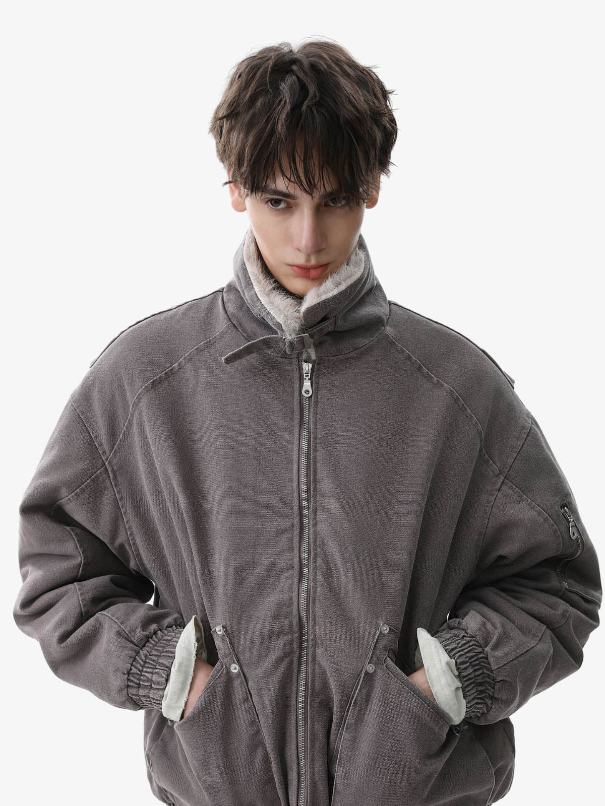 Pocket Zip Up Fur Collar Work Quilted Jacket - Image 7