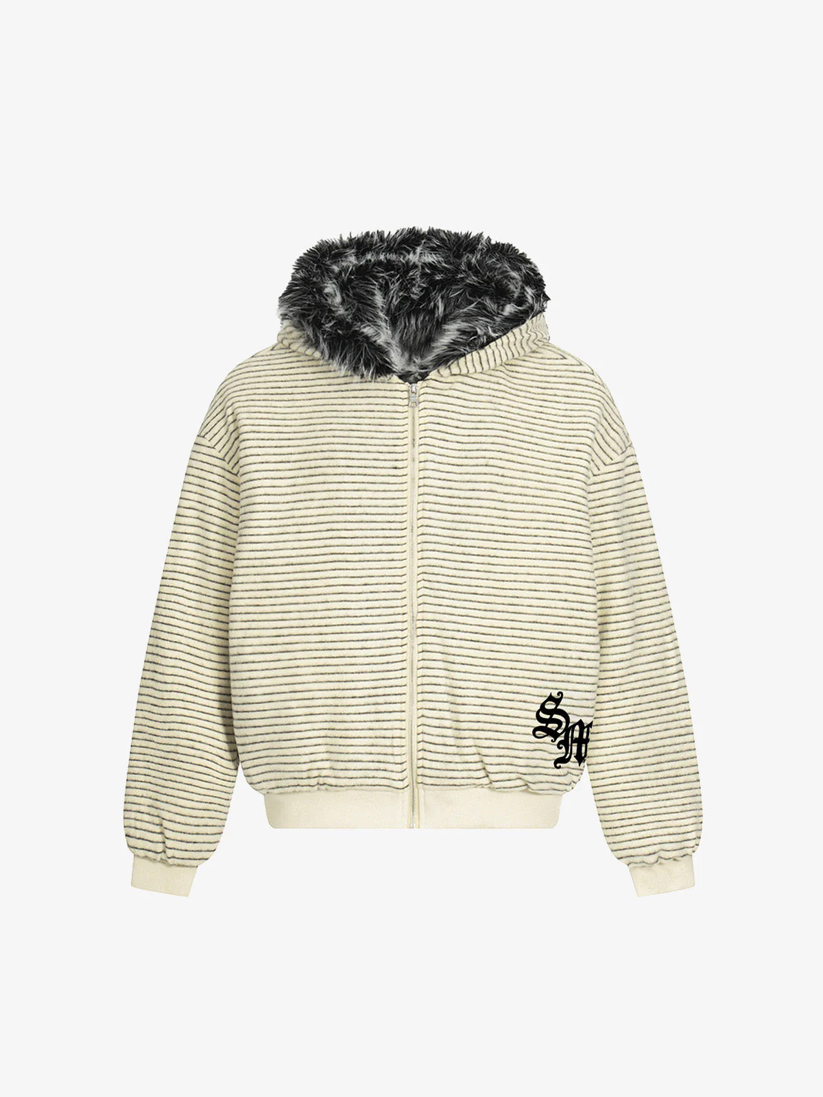Striped Knit Faux Fur Lined Zip Up Hoodie