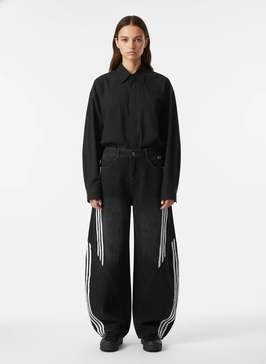 Denim Contrast Striped Stitching Barrel Jeans - 2504 - Image 6