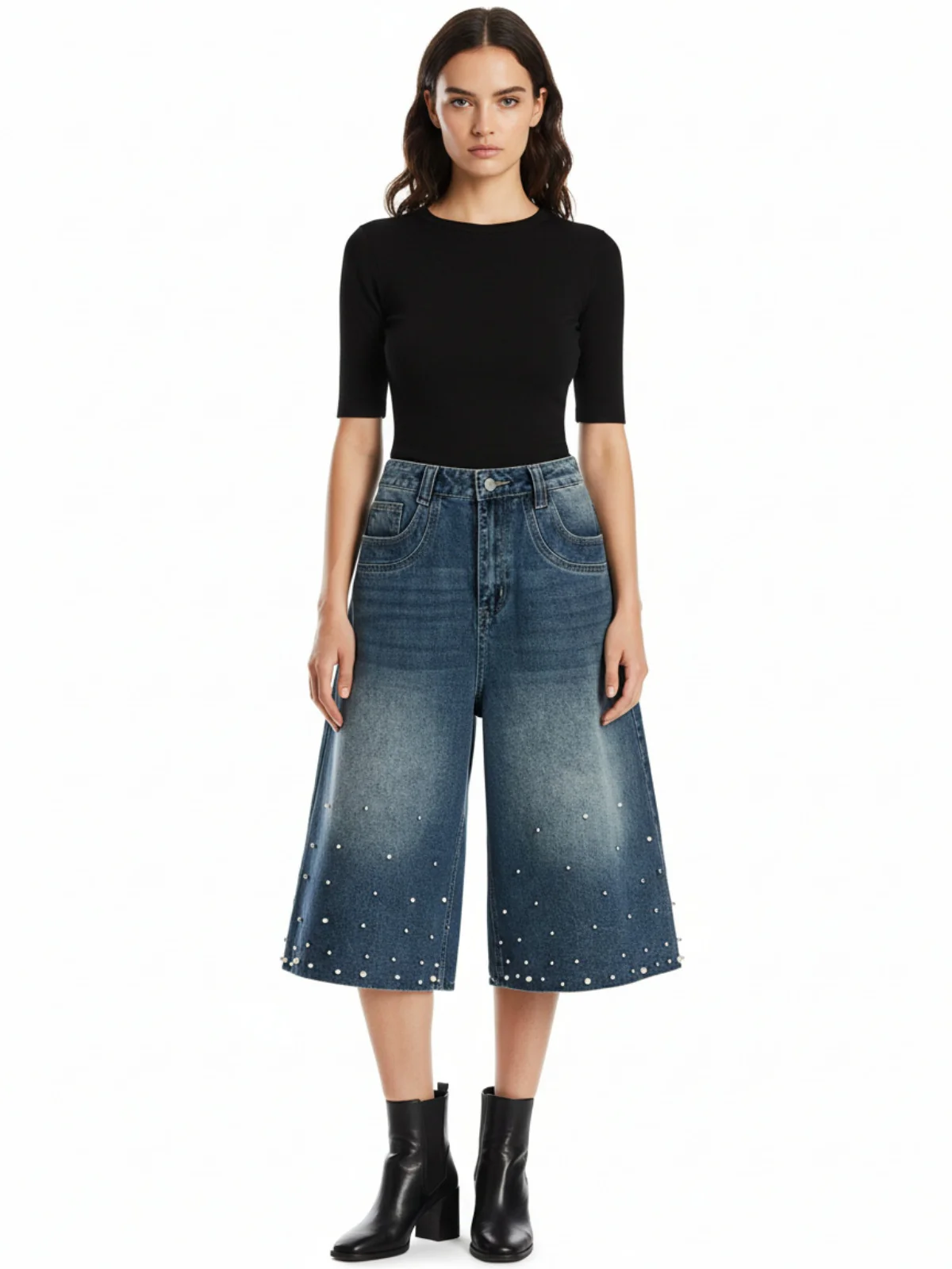 Washed Studded Denim Jorts - Image 3