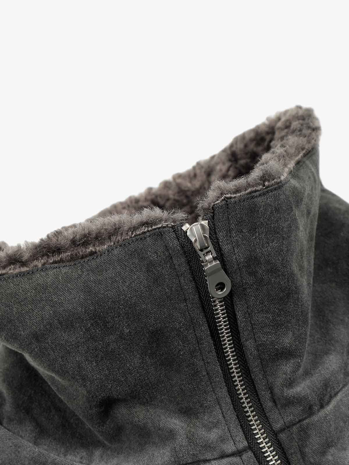 Vintage Distressed Pleated Shearling Collar Fleece Jacket - Image 7