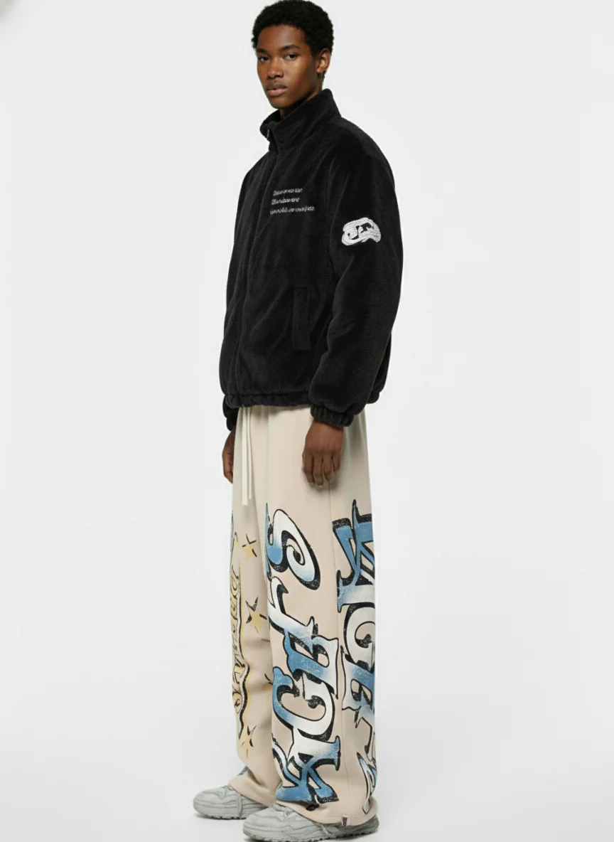 Retro Fleece-Lined Letter Graffiti Print Baggy Sweatpants - Image 5