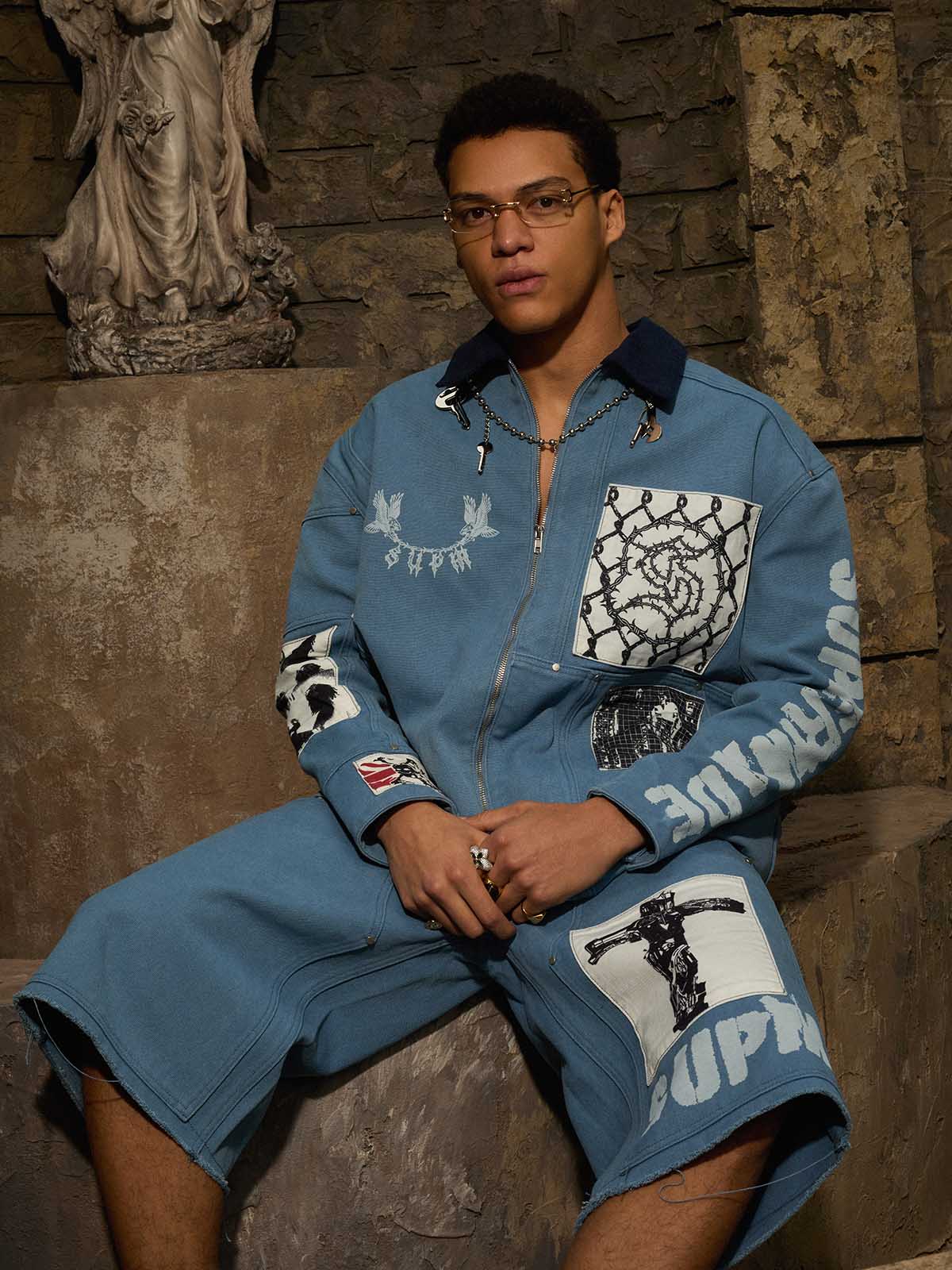 Supermade Multi-Element Appliqué Patchwork Denim Suit - Image 8