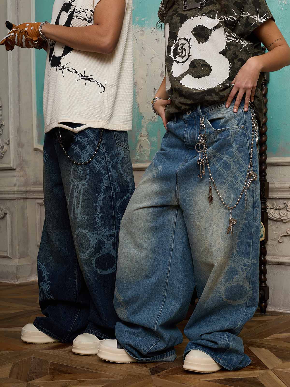 Original Retro Thorn and Key Pattern Laser-Burnout Baggy Jeans - Image 11