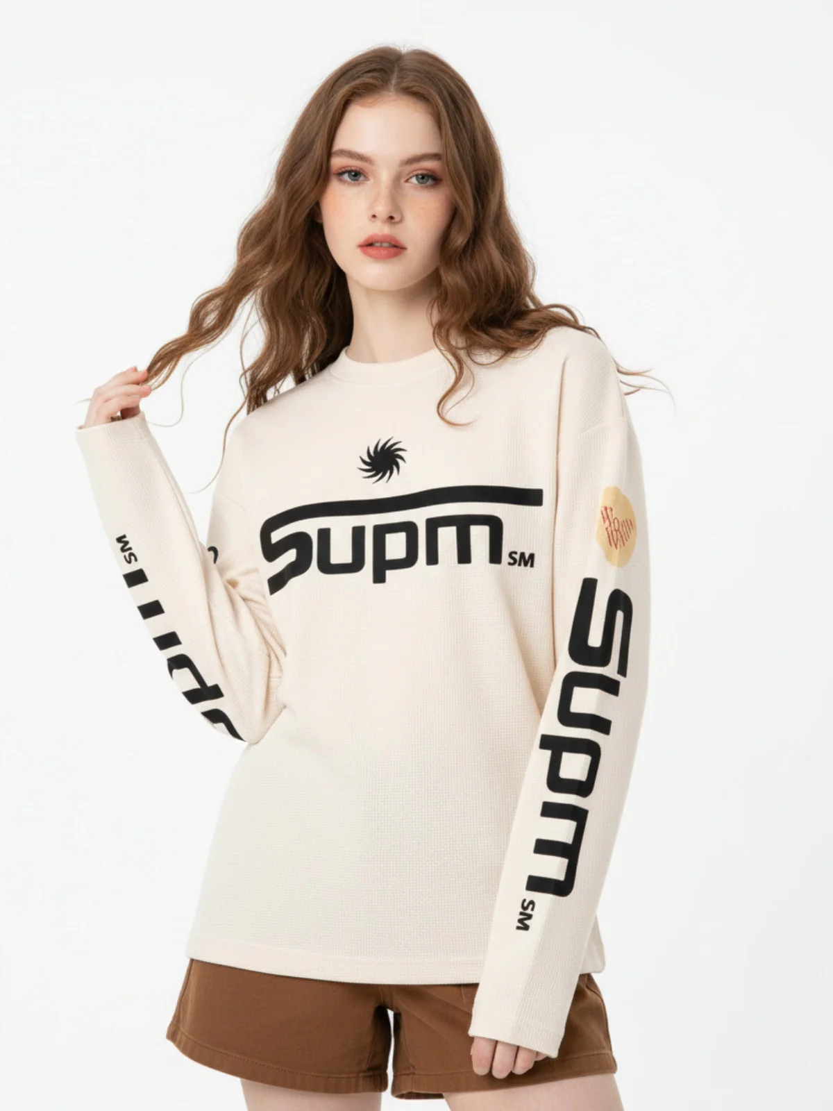 Textured Waffle SUPM Letter Graphic Long Sleeve T-Shirt - Image 4