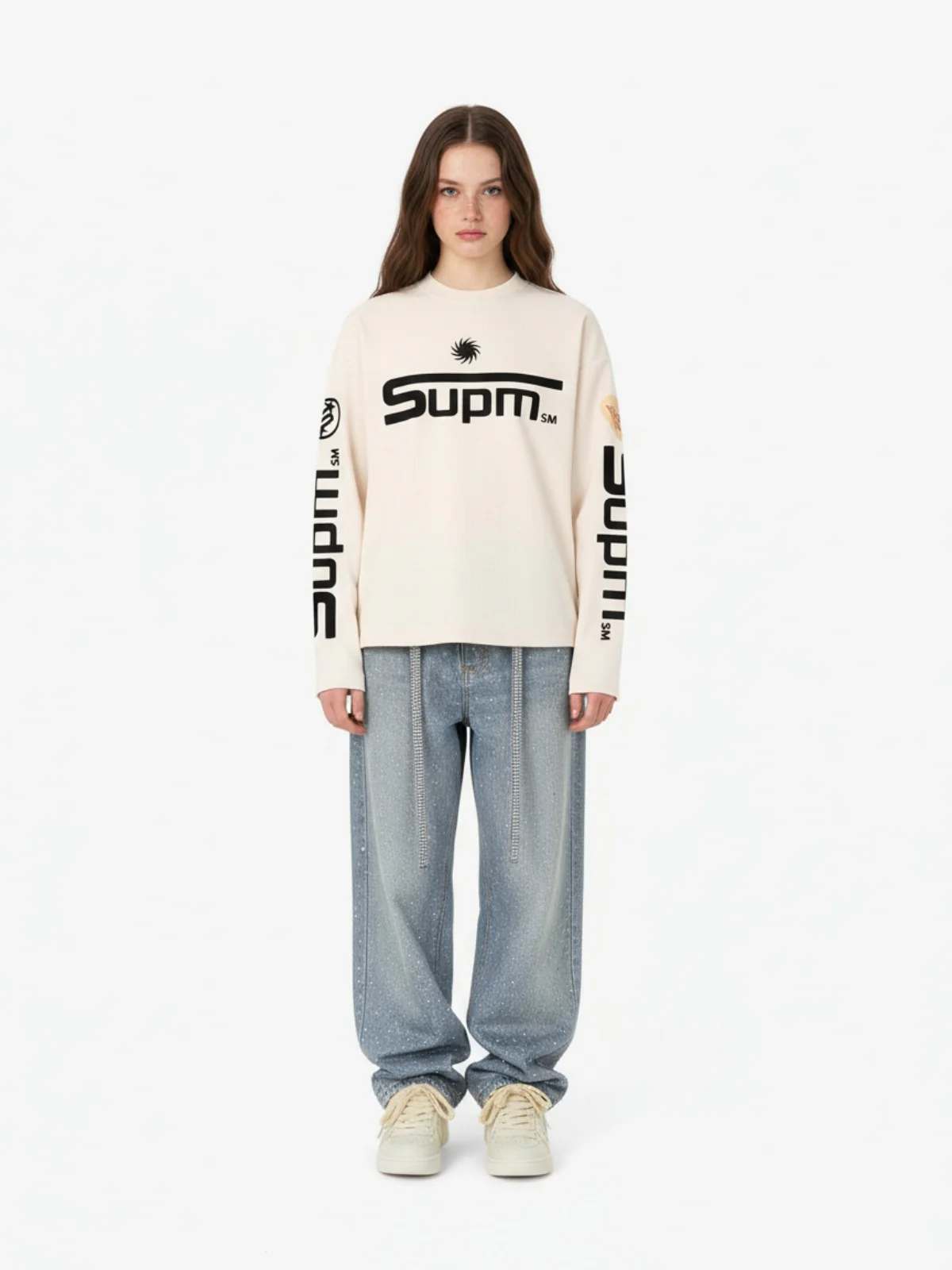 Textured Waffle SUPM Letter Graphic Long Sleeve T-Shirt - Image 5