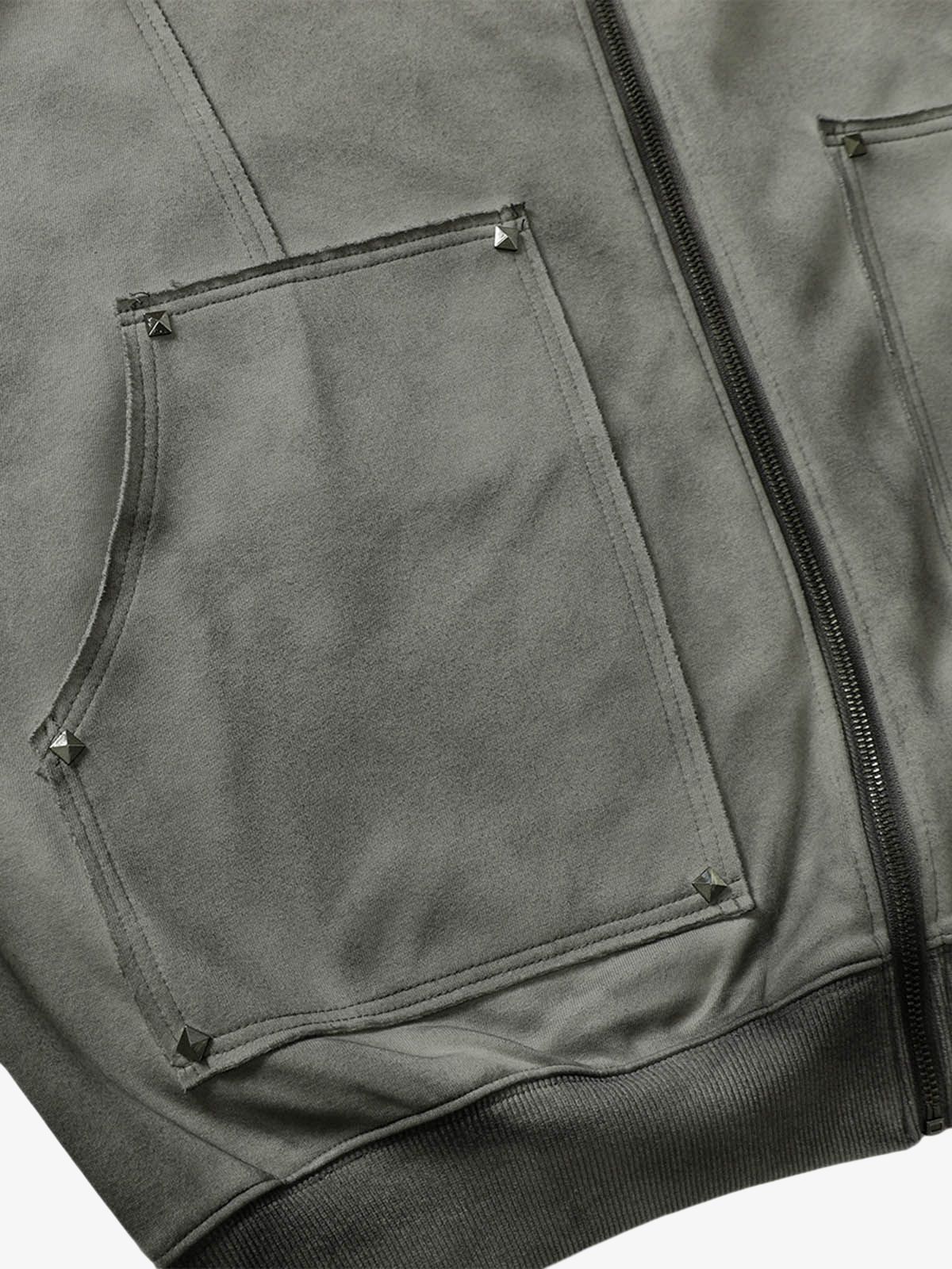 Street Washed Distressed Stitching Rivet Hooded Jacket - Image 16