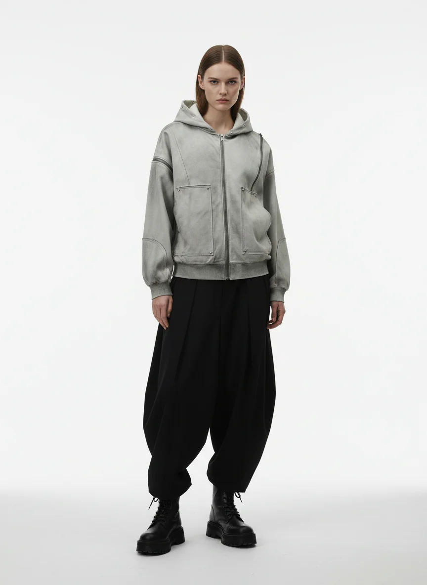 Street Washed Distressed Stitching Rivet Hooded Jacket - Image 3