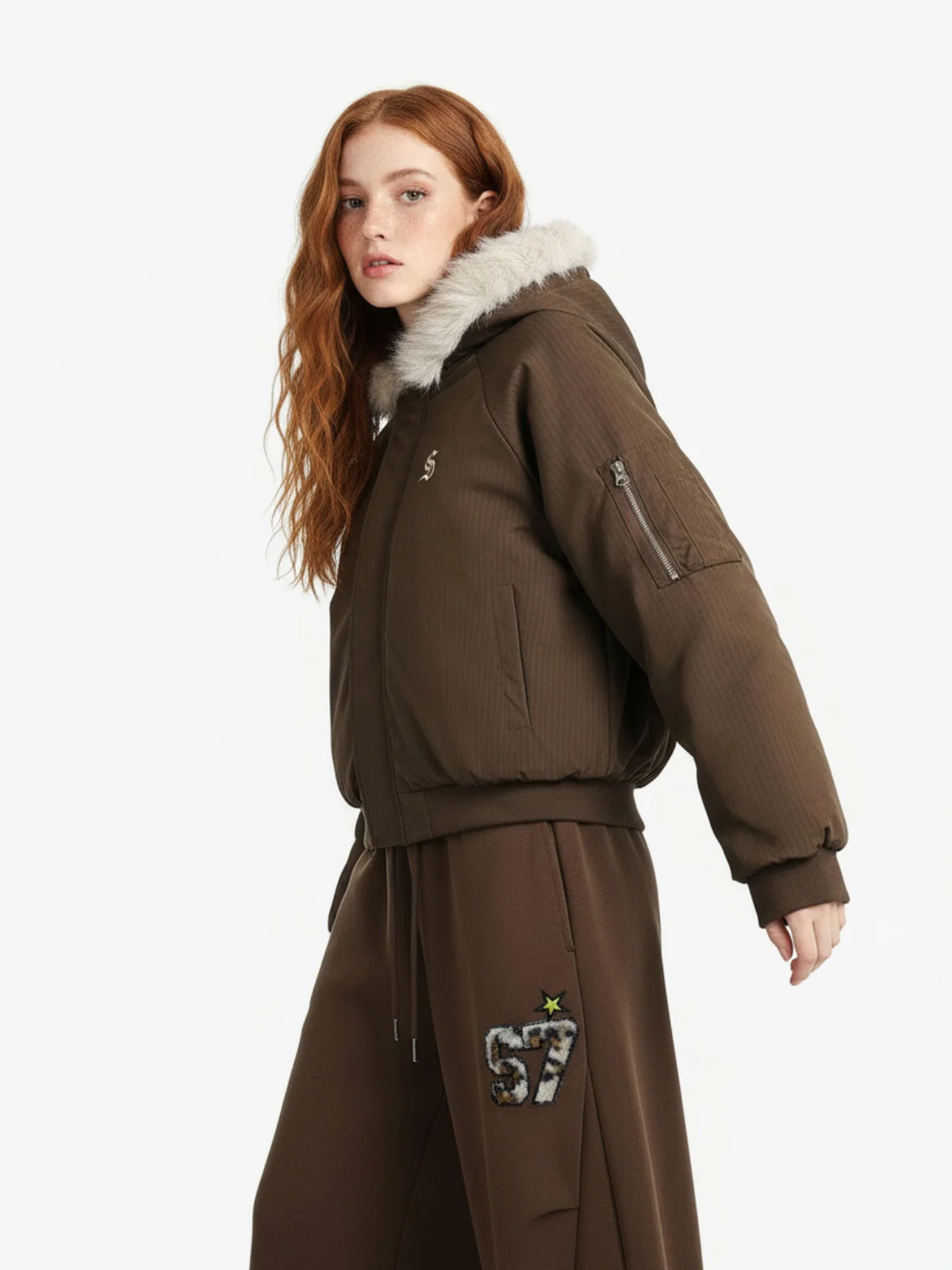 Retro Fur Hooded Fleece Bomber Jacket - 2478 - Image 5