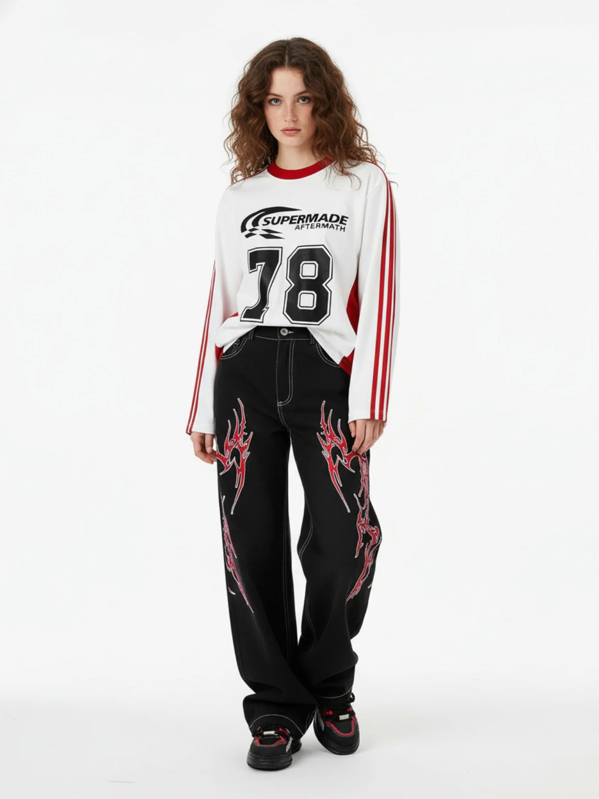 Contrast Flame Embroidered Baggy Jeans - 2364 - Image 5