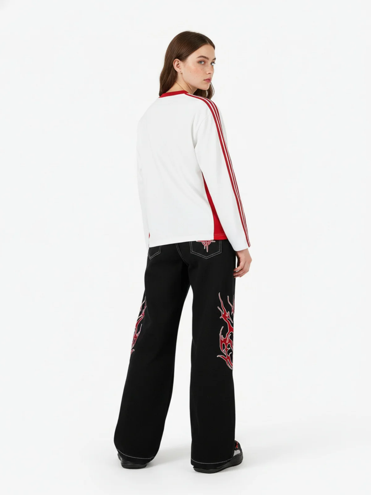 Contrast Flame Embroidered Baggy Jeans - 2364 - Image 7