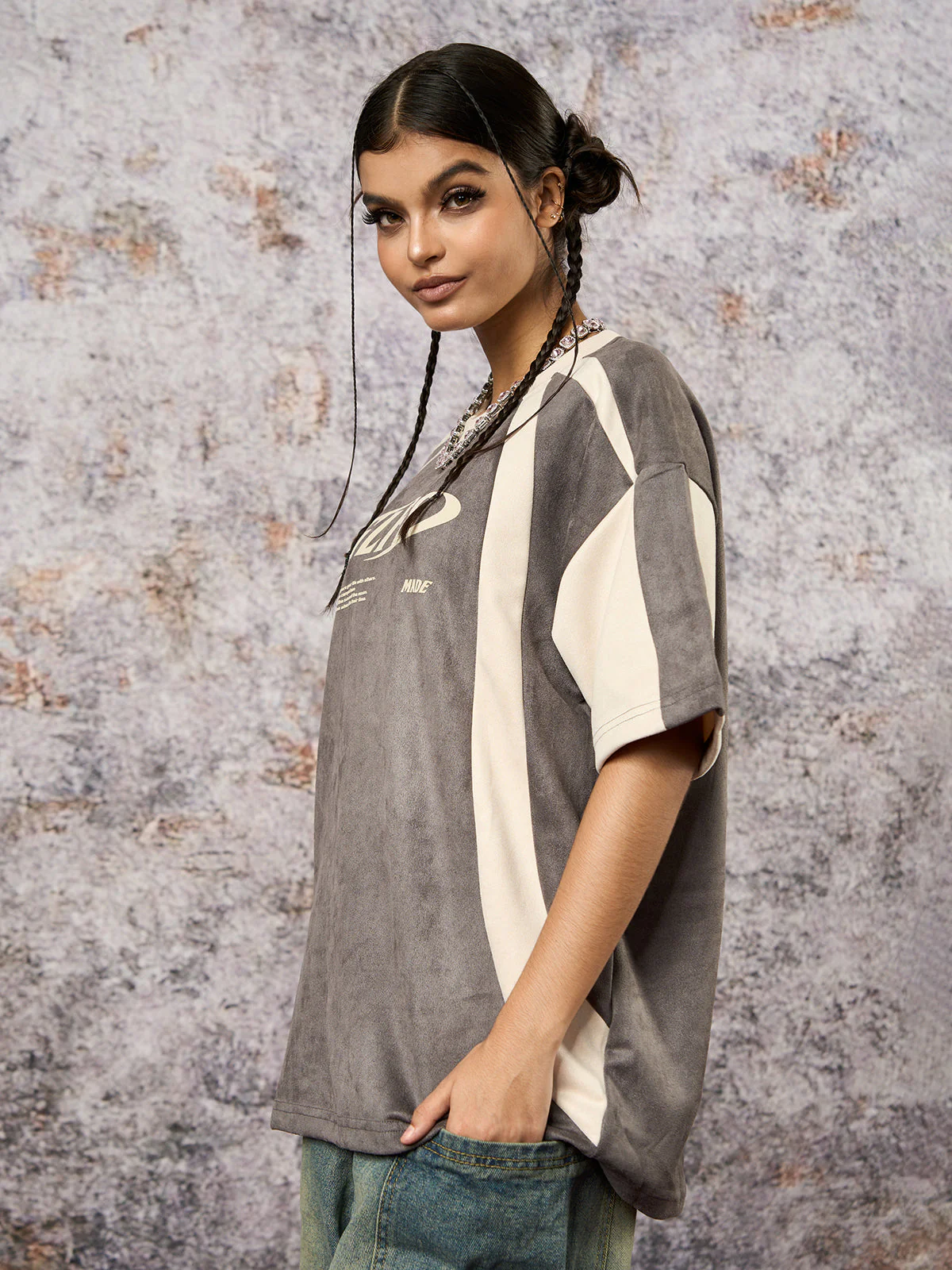 Jersey Deconstructed Contrast Color Stitching Print T-shirt - 2407 - Image 4