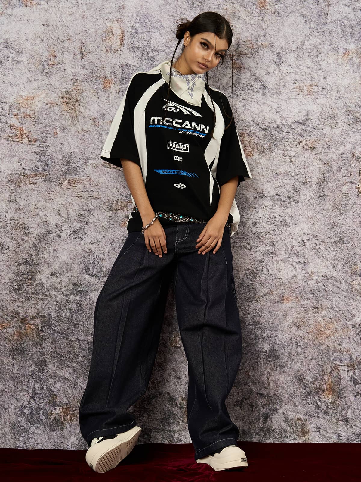 Deconstructed Contrast Stitching Pleated Baggy Barrel Jeans - 2343 - Image 6