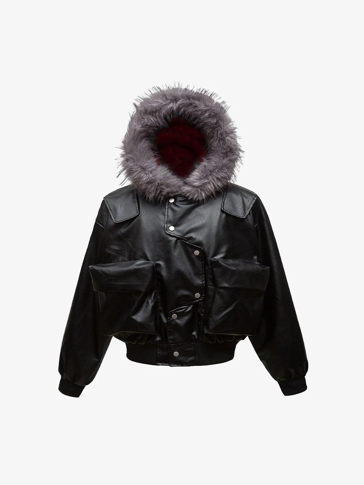Deconstructed Multi Pocket Fur Hooded PU Leather Jacket - Image 2