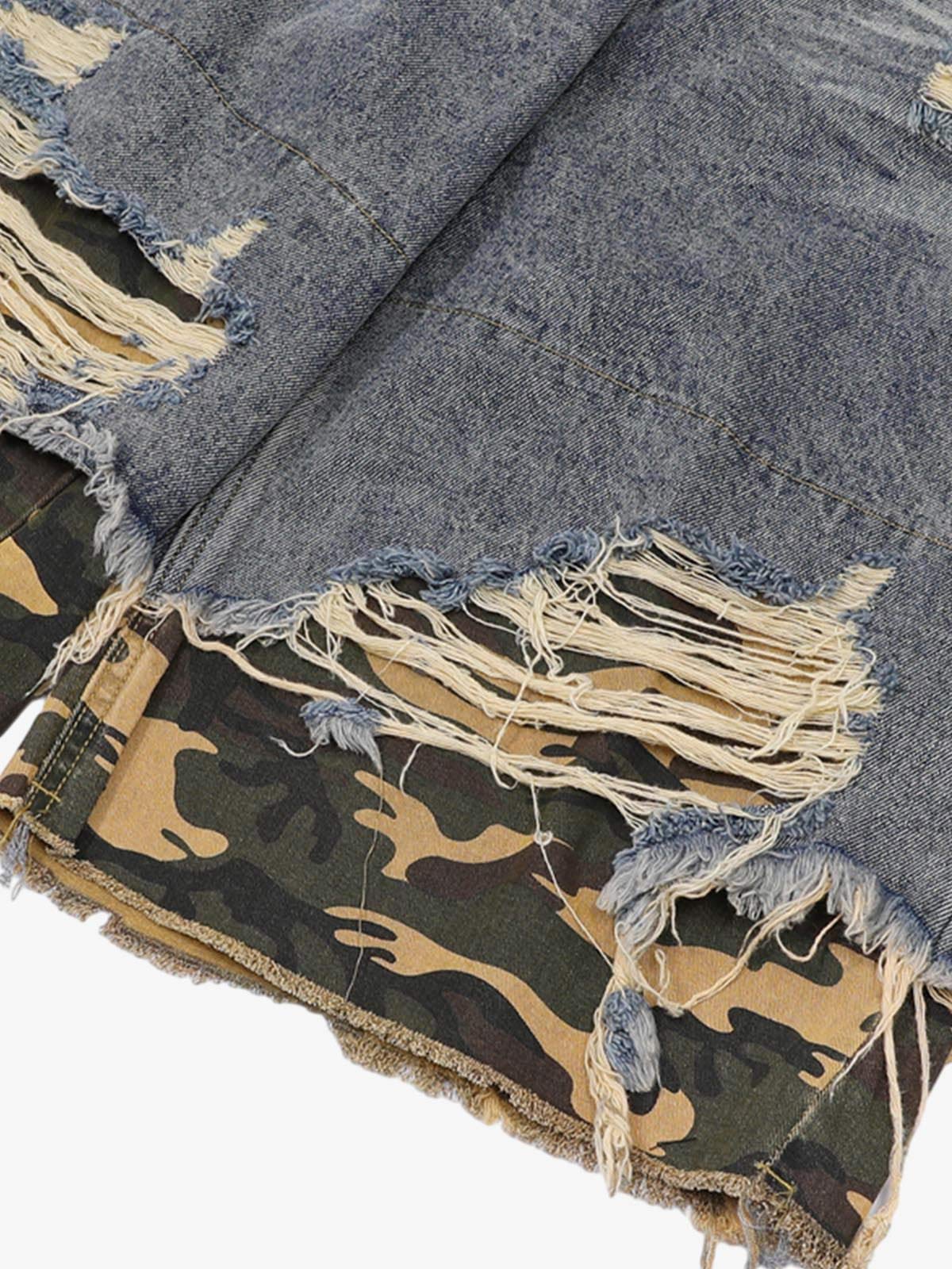 Thesupermade Patchwork Camouflage Ripped Shirt Jorts Denim Suit - Image 10