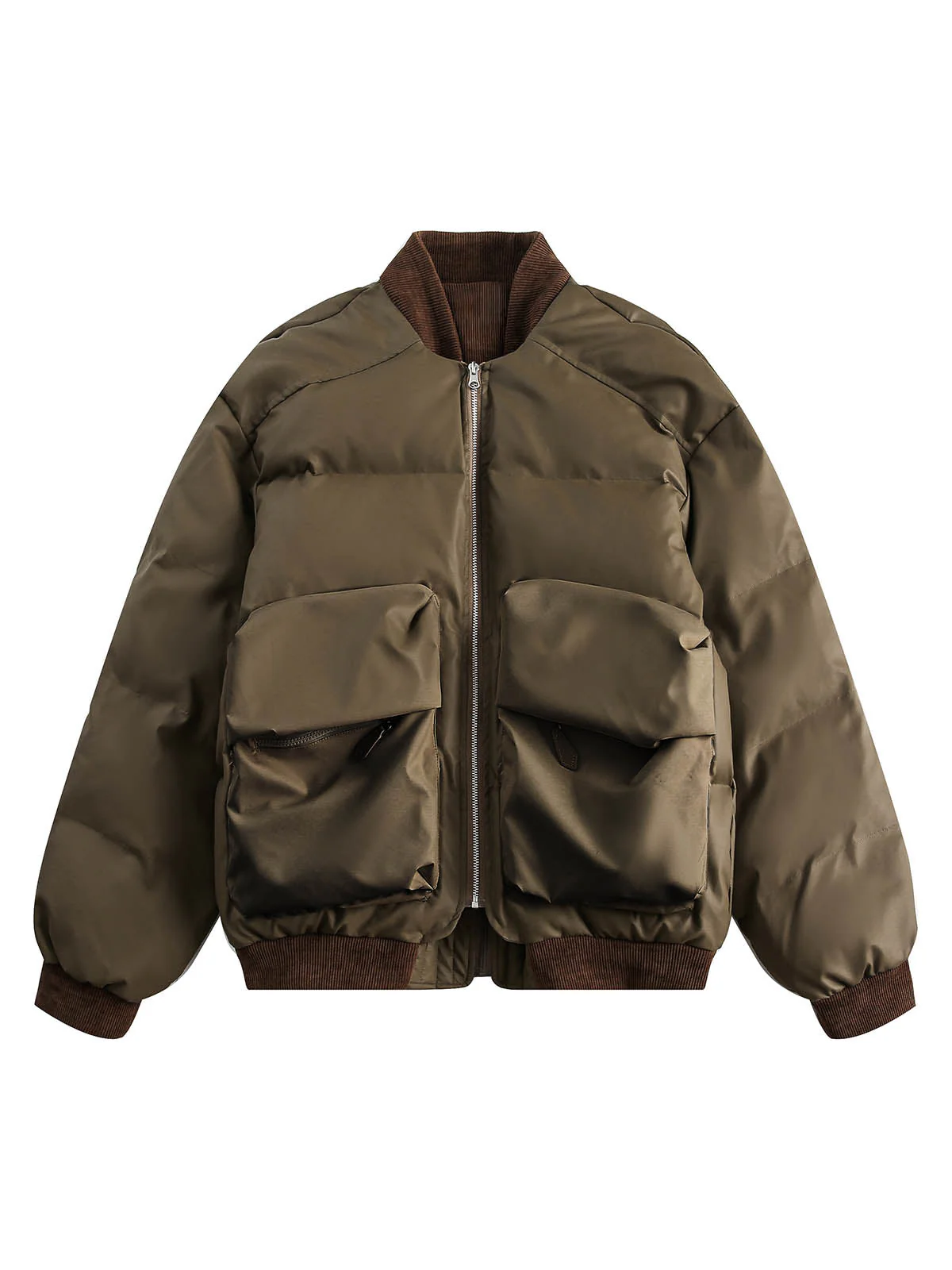 Retro Patchwork Multi Pocket Puffer Bomber Jacket - Image 2