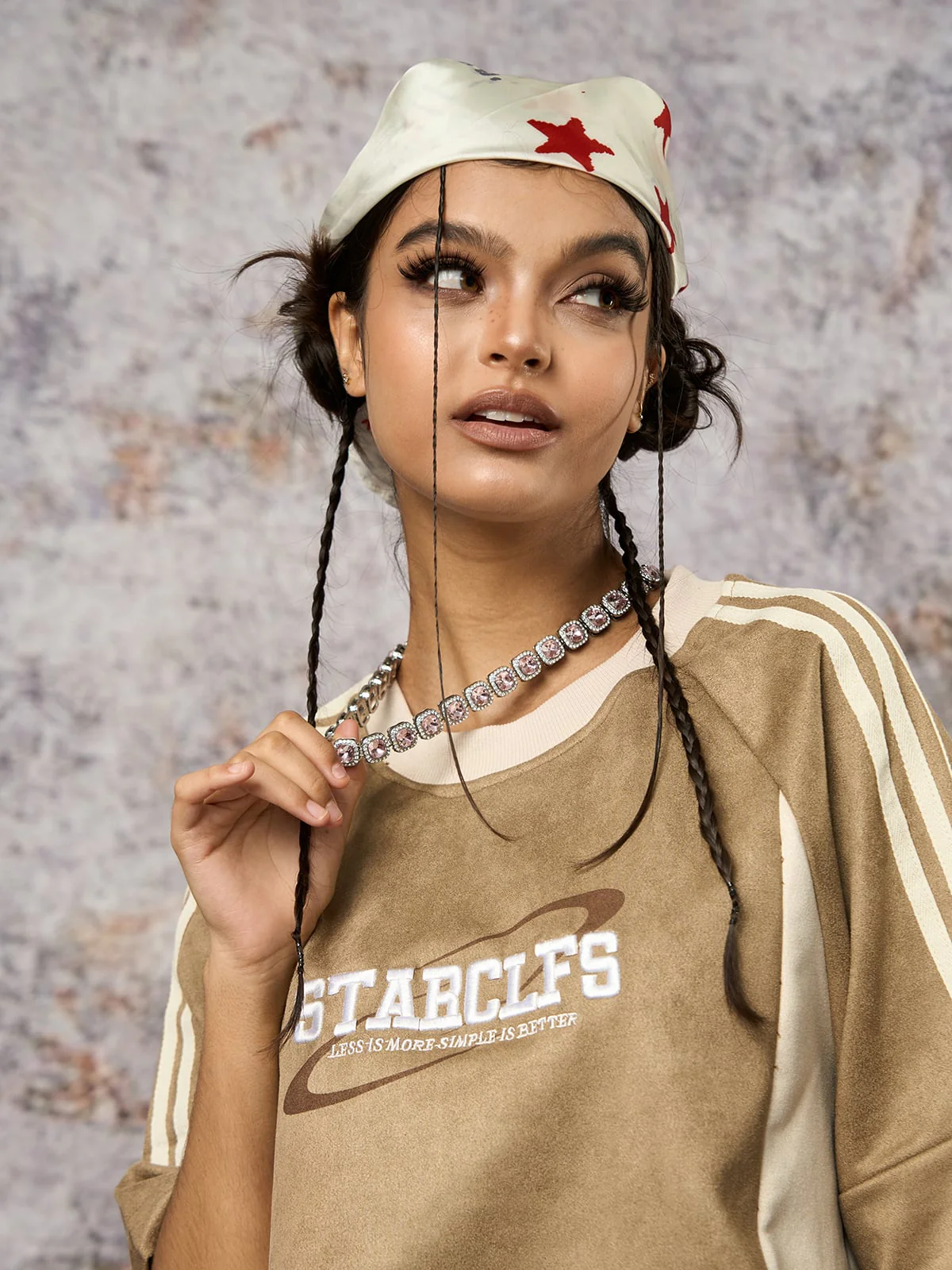Suede Contrast Color Spliced Letter Embroidery Oversize T-shirt - 2462 - Image 10