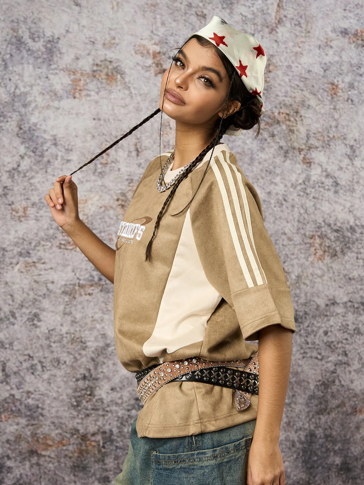 Suede Contrast Color Spliced Letter Embroidery Oversize T-shirt - 2462 - Image 9