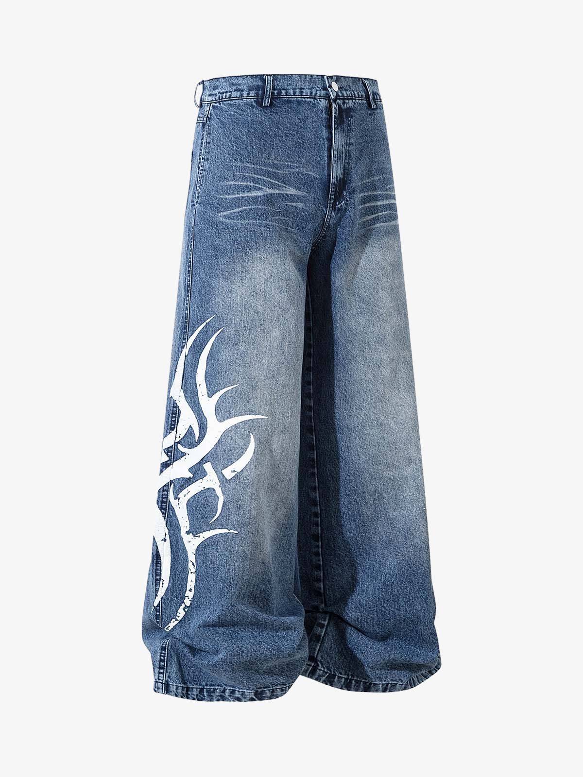Washed Print Straight Jeans