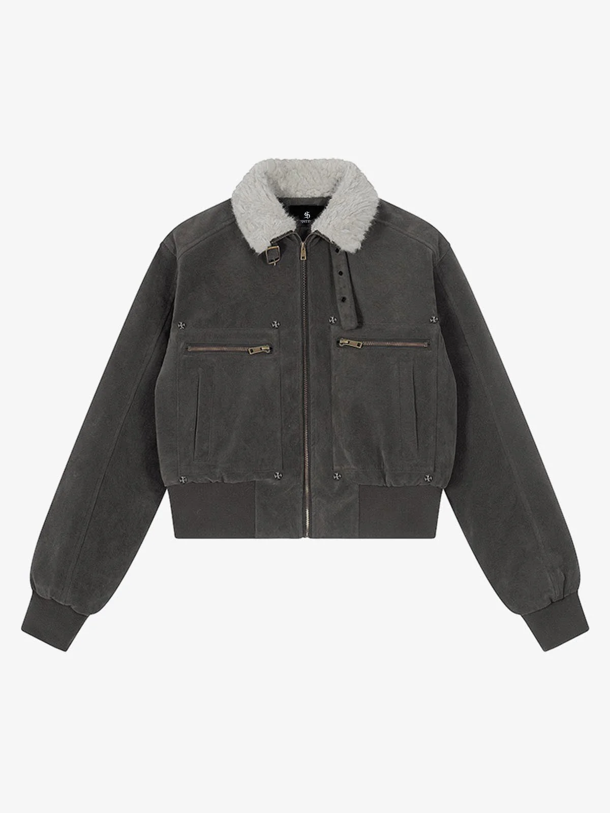 Utility Faux Shearling Collar Suede Look Zip Up Jacket - Image 2