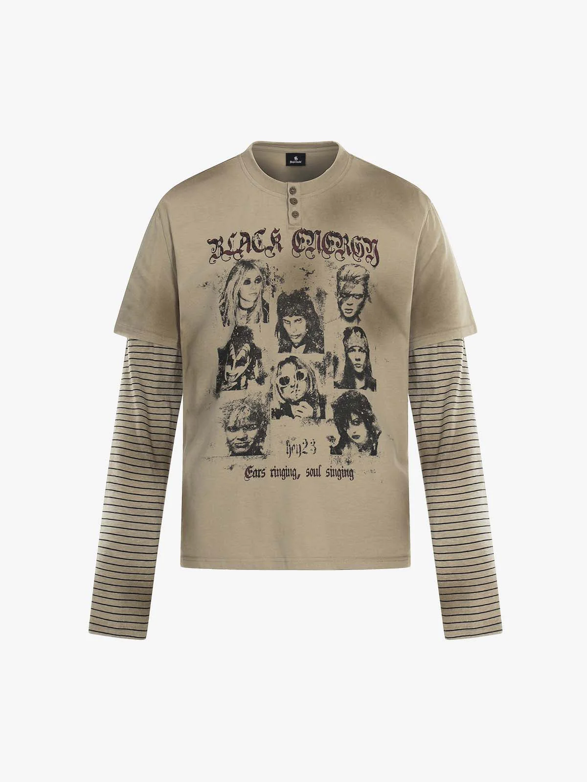 Vintage Band Portrait Graphic Layered Henley T-Shirt - Image 2