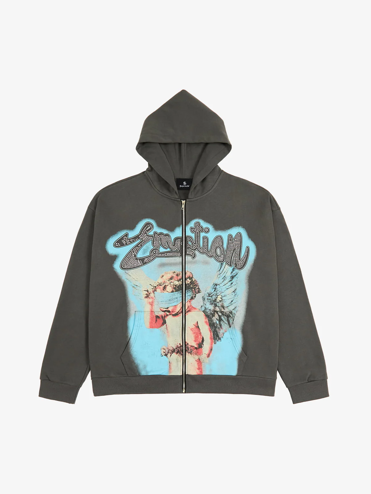 Vintage Blindfolded Angel Rhinestone Zip-Up Hoodie - Image 2