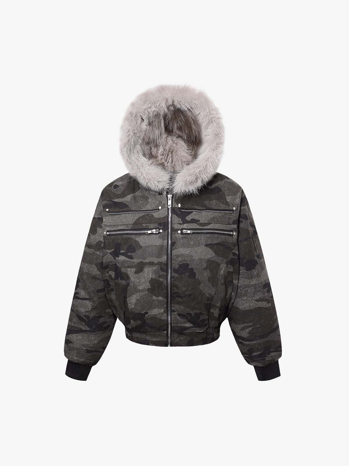Vintage Camo Faux Fur Hood Padded Bomber Jacket - Image 2