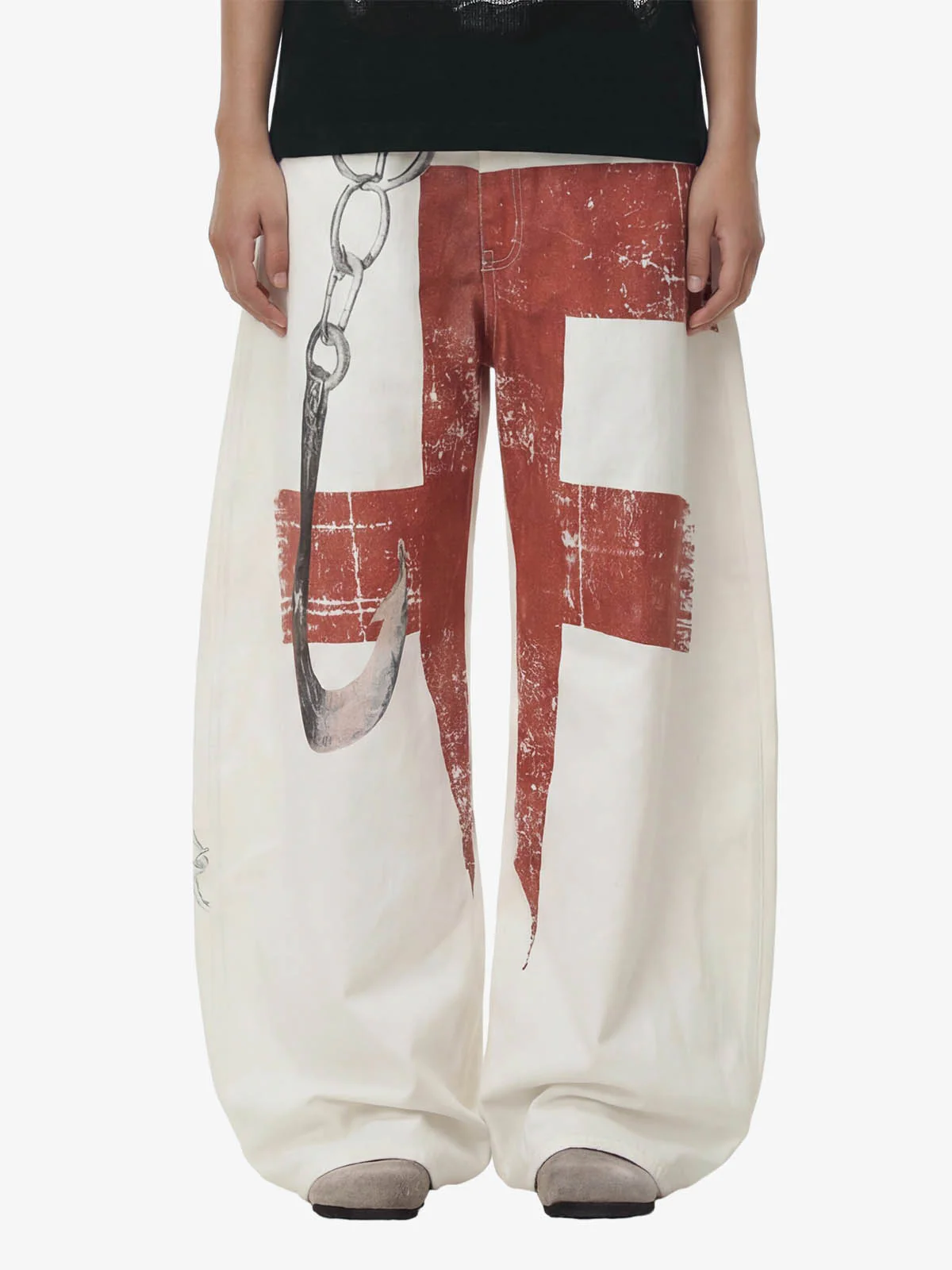 Vintage Distressed Chain Print Oversized Canvas Baggy Pants