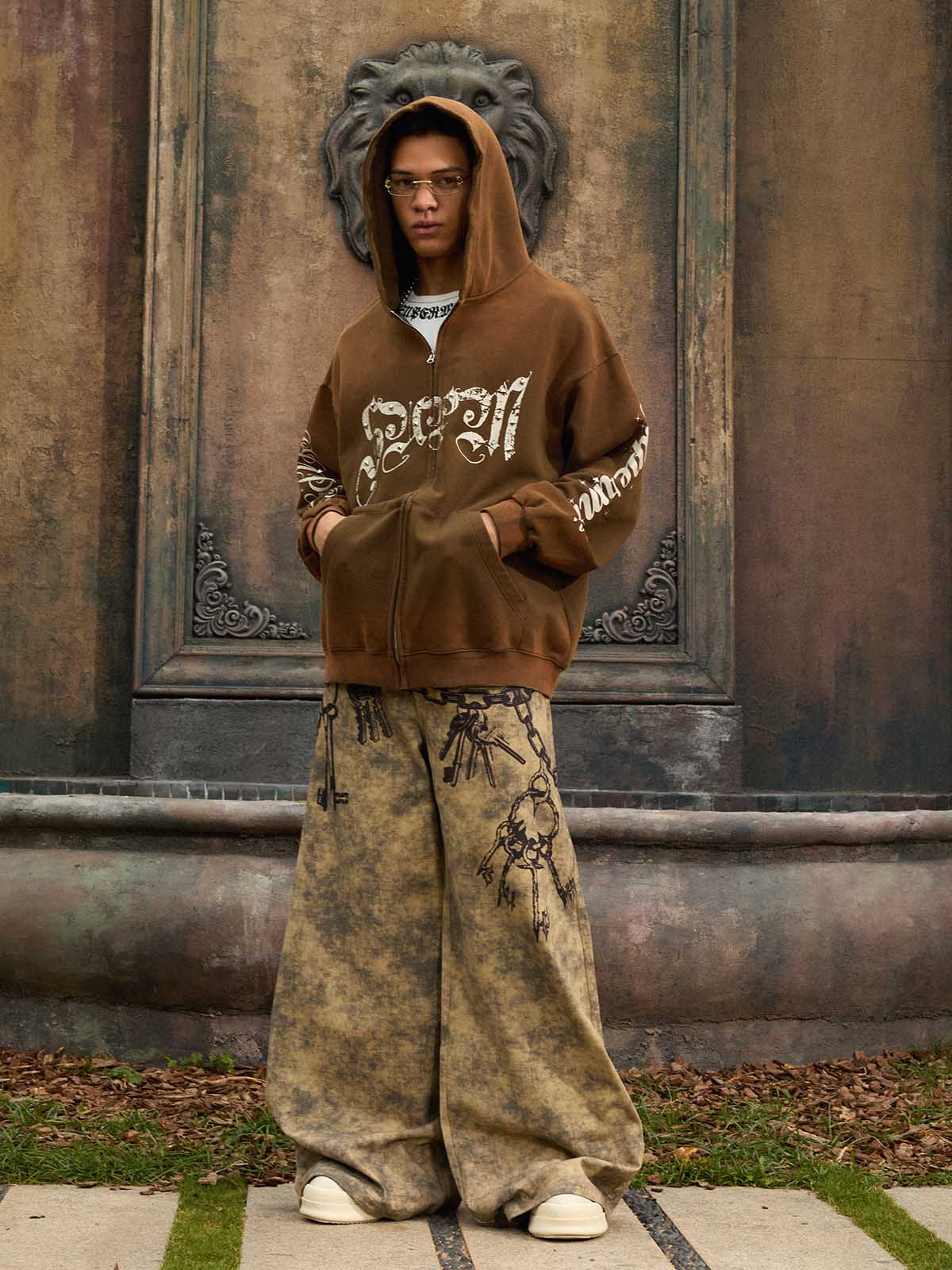 Vintage Distressed Studded Gothic Font Zip Up Hoodie - Image 10