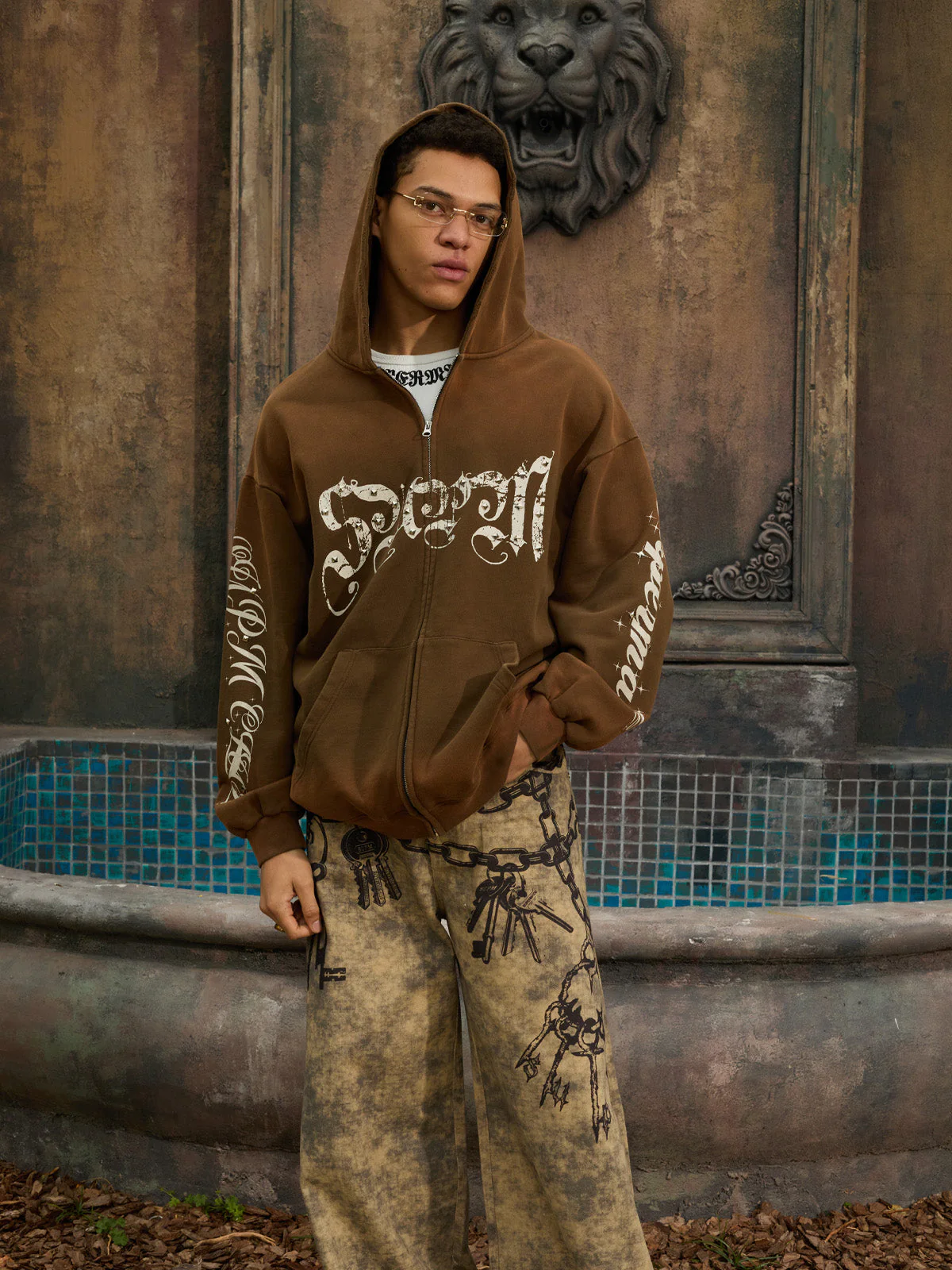 Vintage Distressed Studded Gothic Font Zip Up Hoodie - Image 14