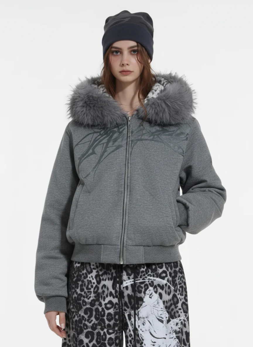 Vintage Faux Fur Hoodedd Leopard Lined Graphic Bomber Jacket - Image 3