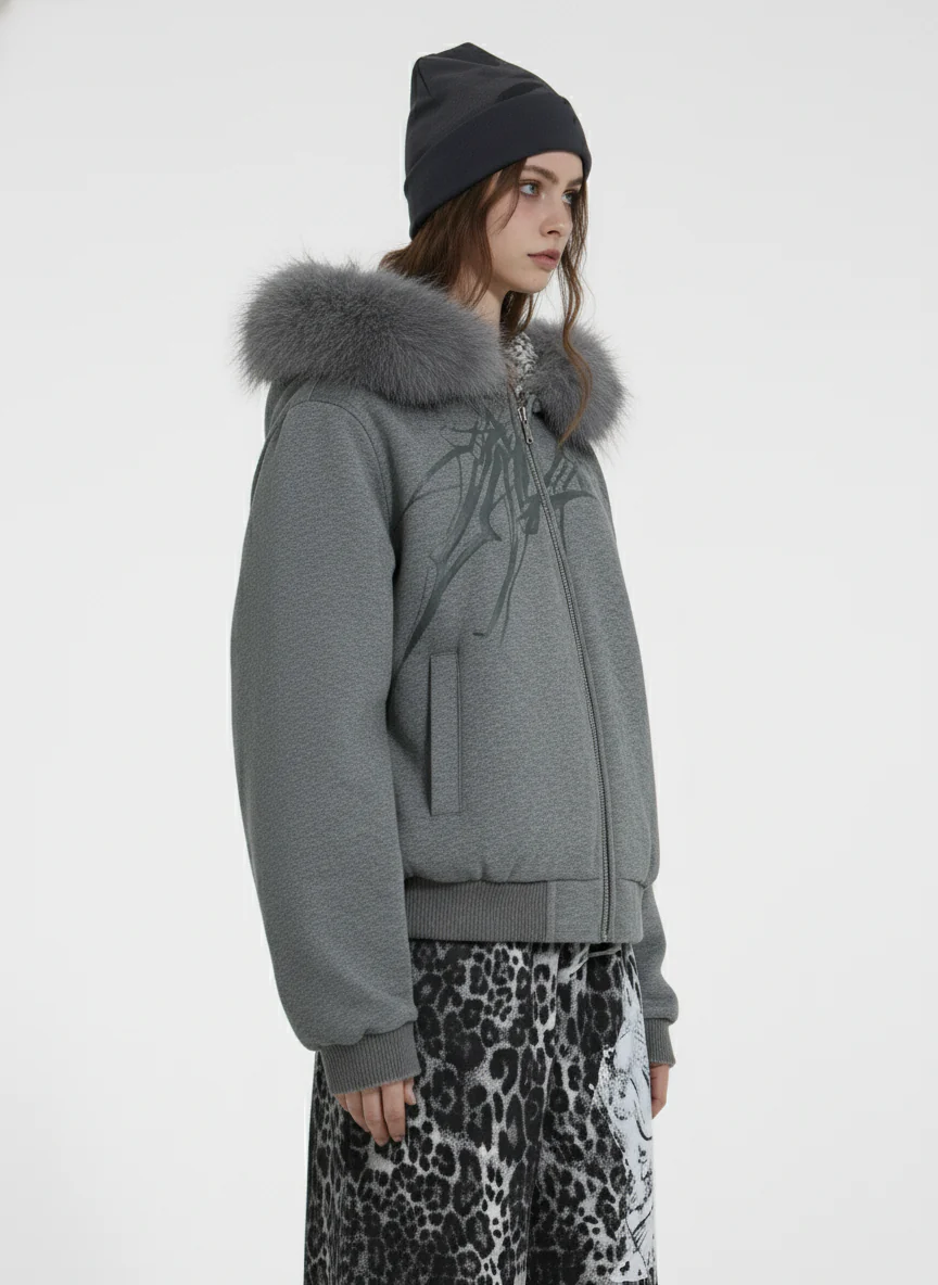 Vintage Faux Fur Hoodedd Leopard Lined Graphic Bomber Jacket - Image 5