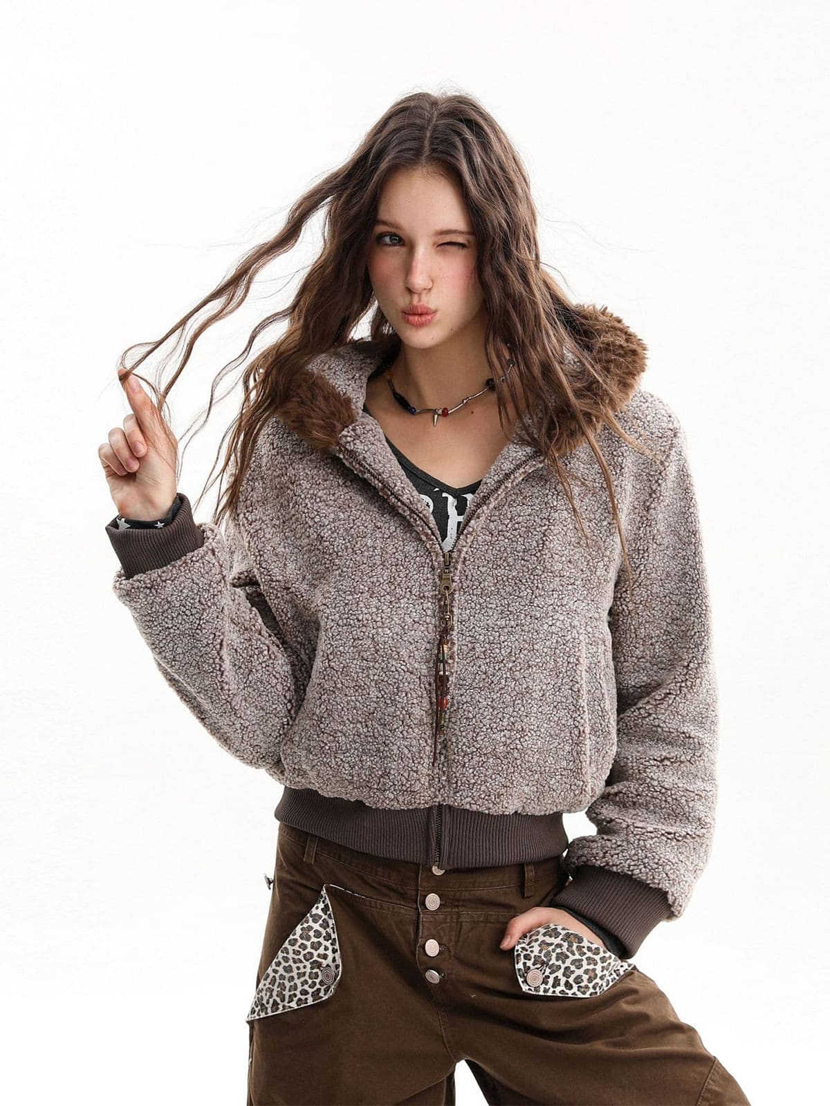 Vintage Faux Shearling Hooded Fleece Zip Up Bomber Jacket - Image 5