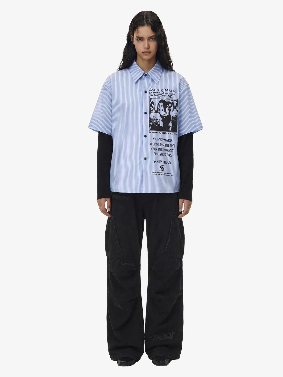 Vintage Illustration Striped Faux Two-Piece Shirt - Image 4