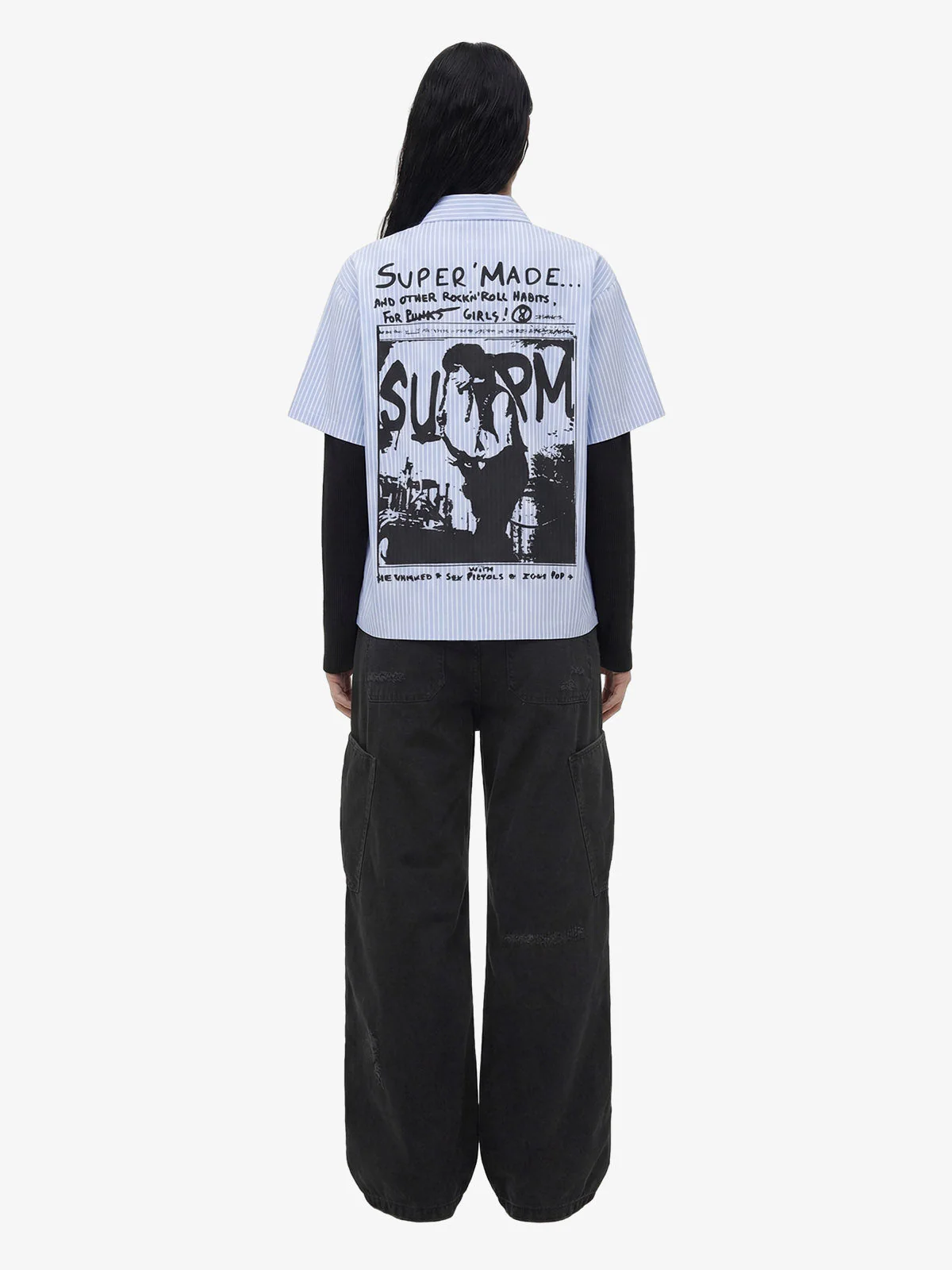 Vintage Illustration Striped Faux Two-Piece Shirt - Image 5