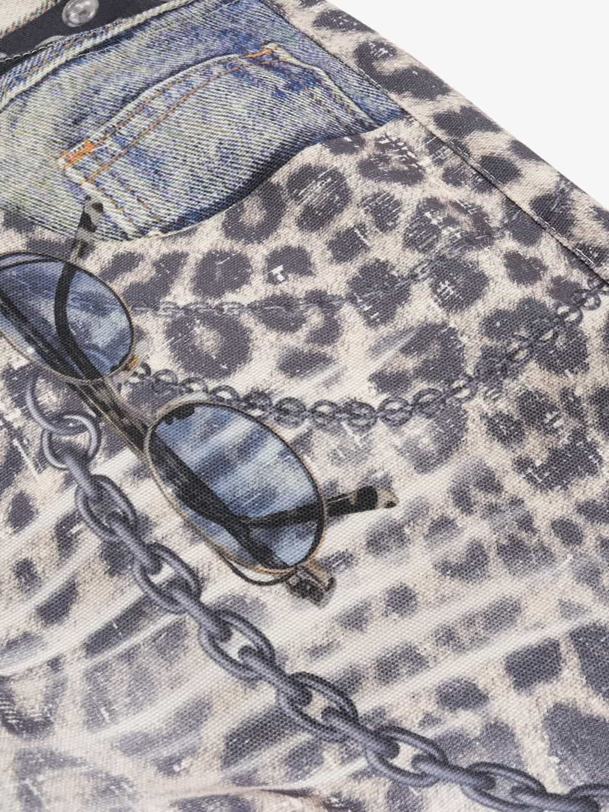 Vintage Leopard 3D Print Double Waistband Washed Jeans - Image 8