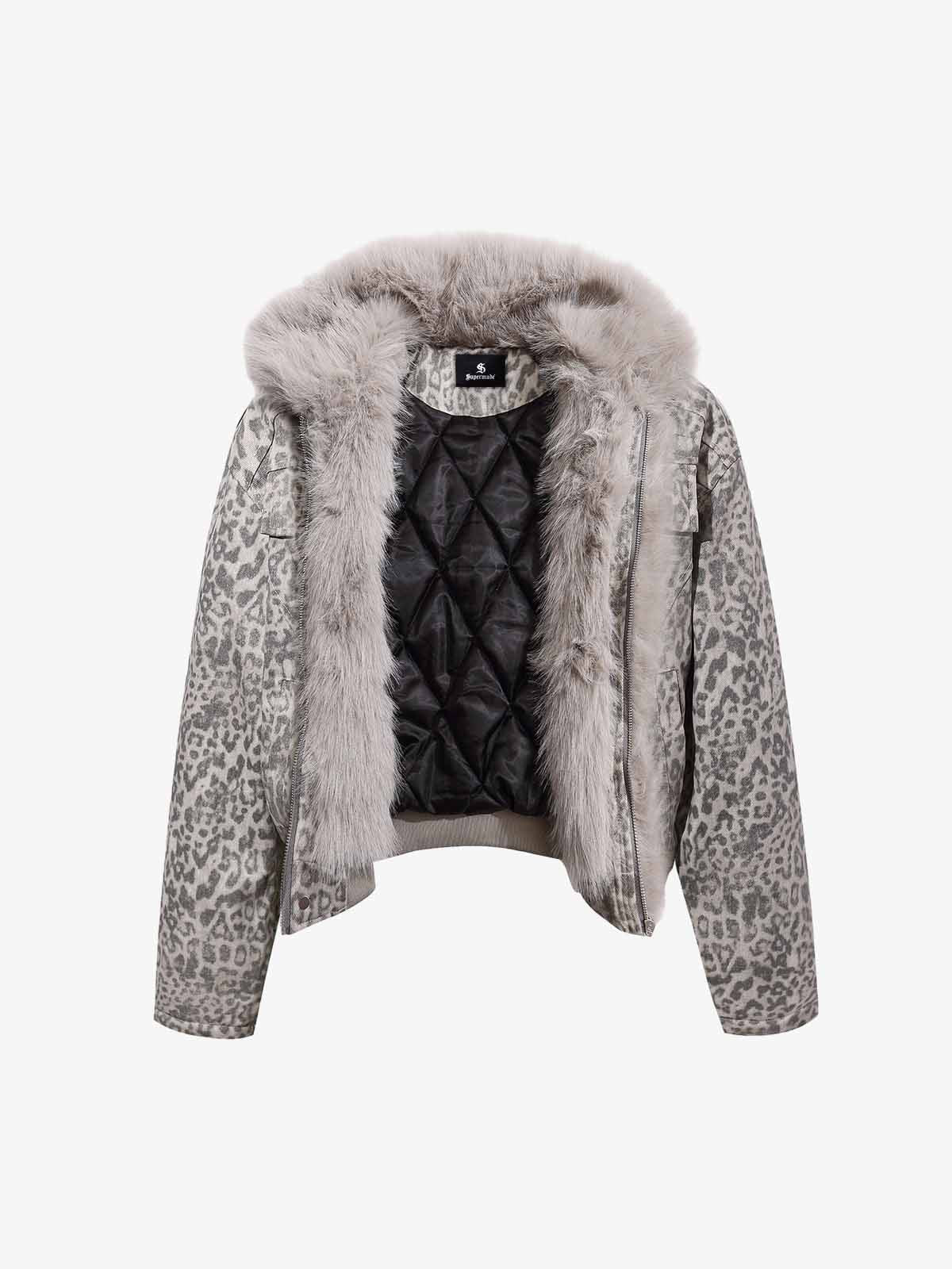 Vintage Leopard Fleece Faux Fur Collar Panel Trim Padded Jacket - Image 8