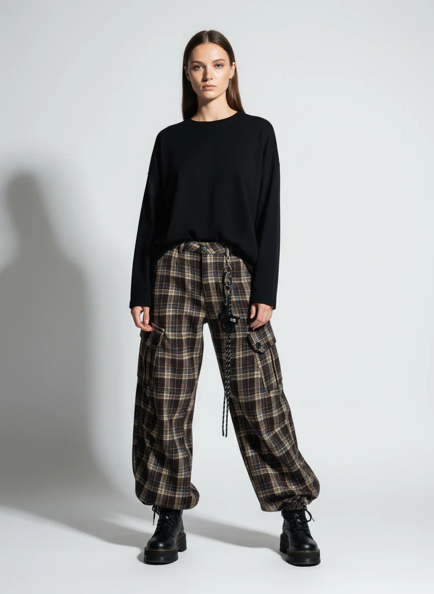 Vintage Plaid Pleated Multi-Pocket Cargo Casual Pants - Image 5