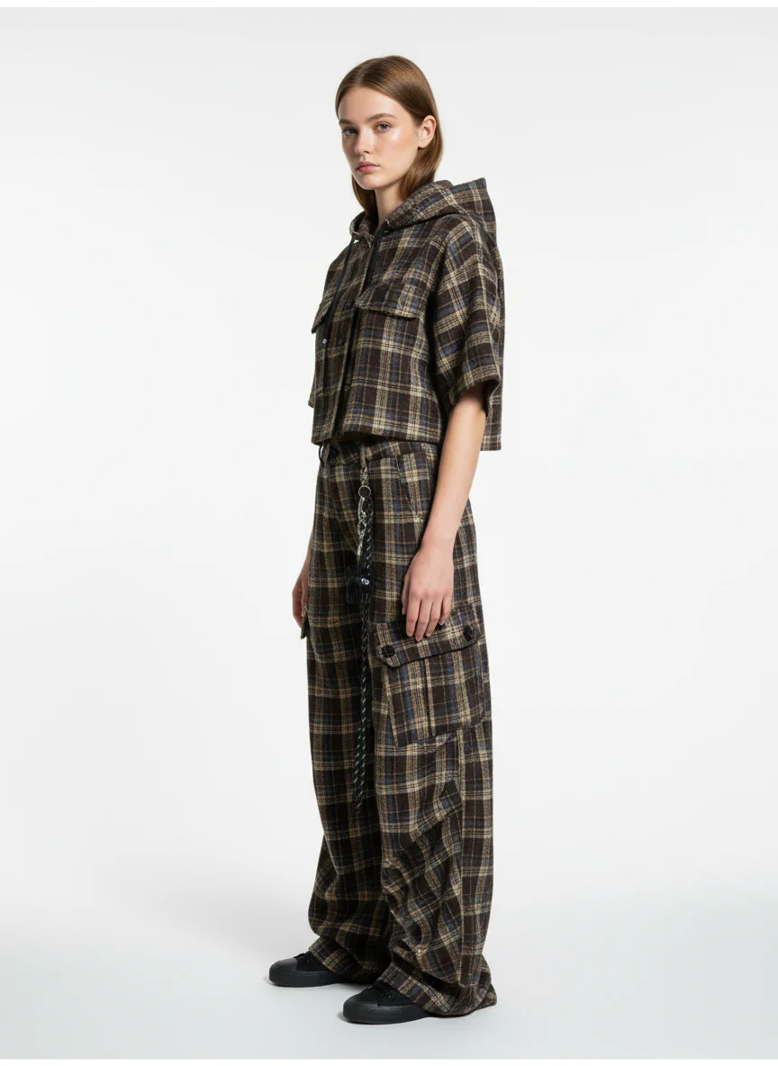 Vintage Plaid Pleated Multi-Pocket Cargo Casual Pants - Image 6