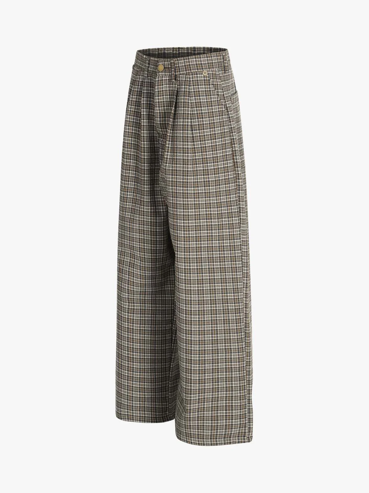 Vintage Plaid Pleated Wide Leg Pants - Image 3