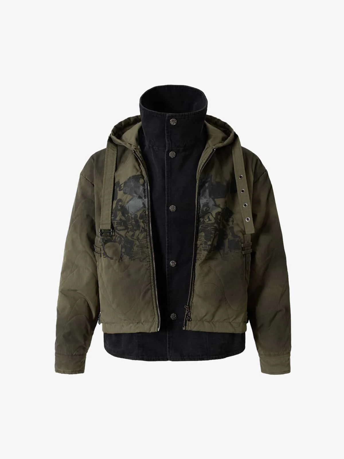 Vintage Quilted Military Patchwork Zip-Up Hoodie Jacket