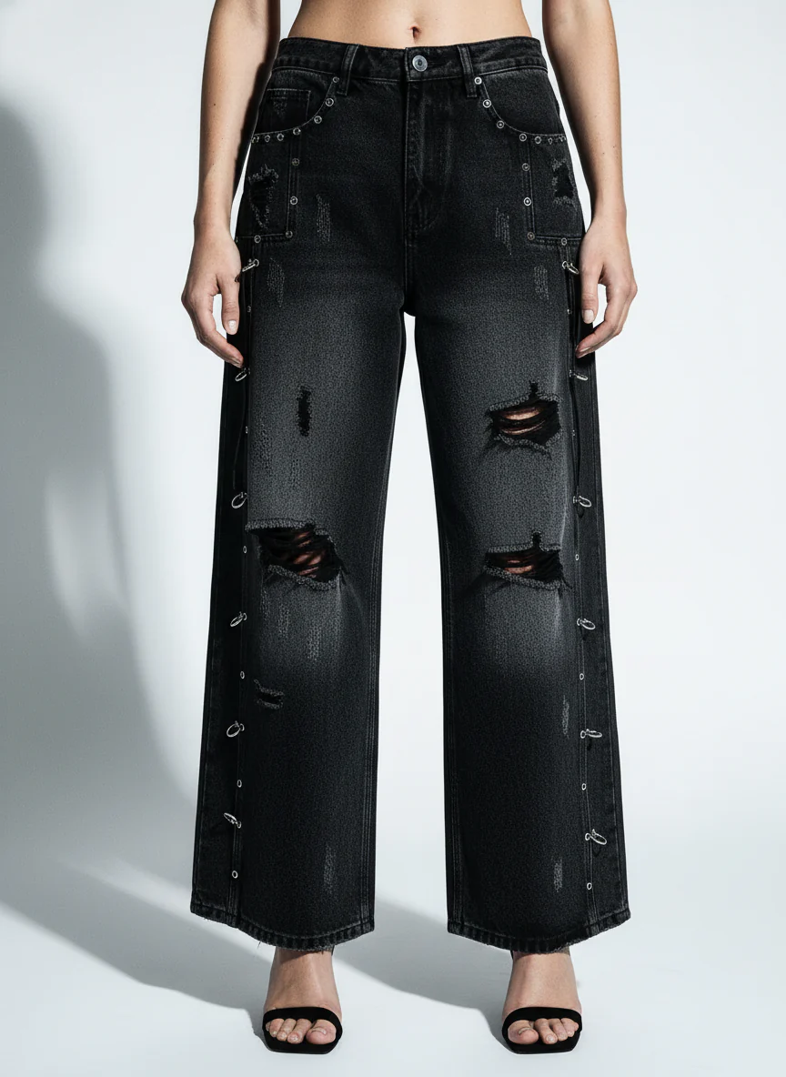 Vintage Washed Distressed Metal Ring Baggy Jeans