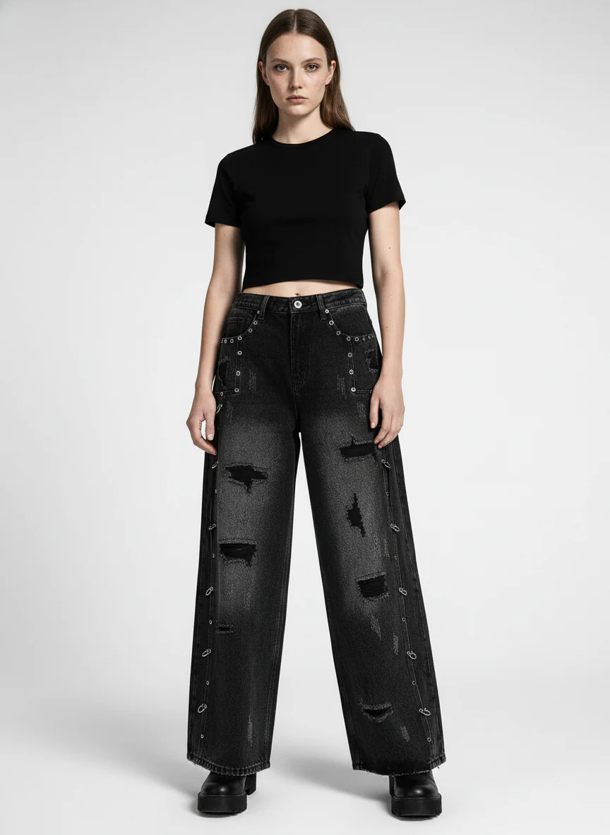 Vintage Washed Distressed Metal Ring Baggy Jeans - Image 3