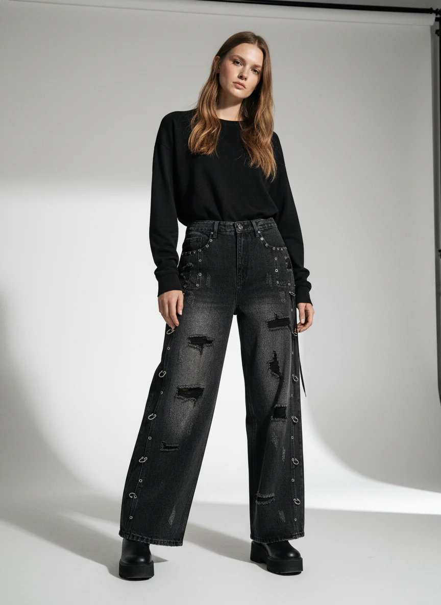 Vintage Washed Distressed Metal Ring Baggy Jeans - Image 4