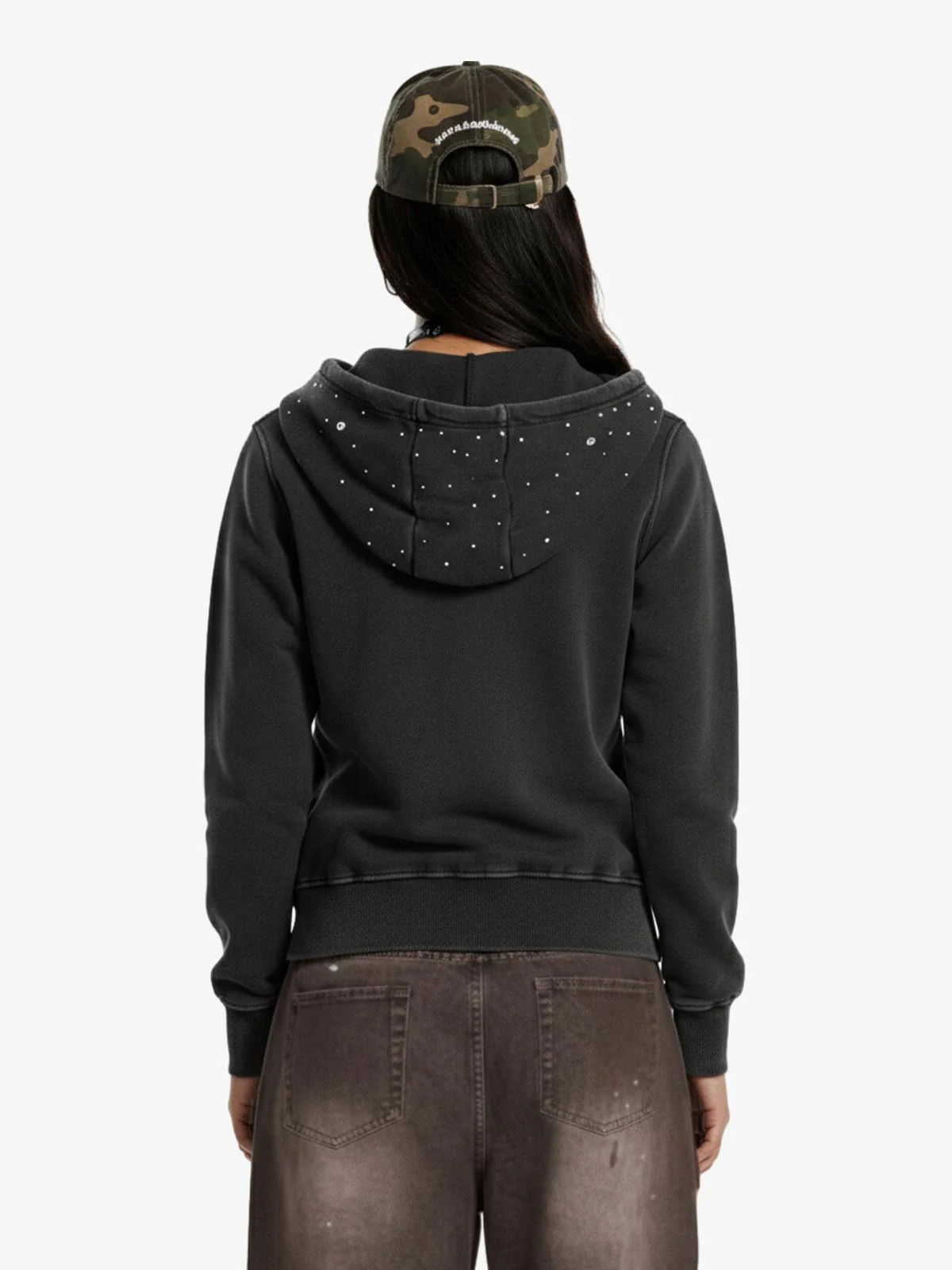 Vintage Washed Symmetrical Star Rhinestone Zip-Up Hoodie - Image 3