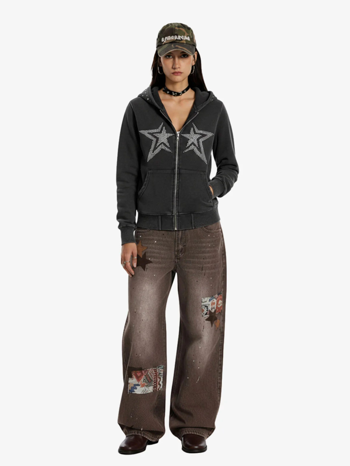 Vintage Washed Symmetrical Star Rhinestone Zip-Up Hoodie - Image 4