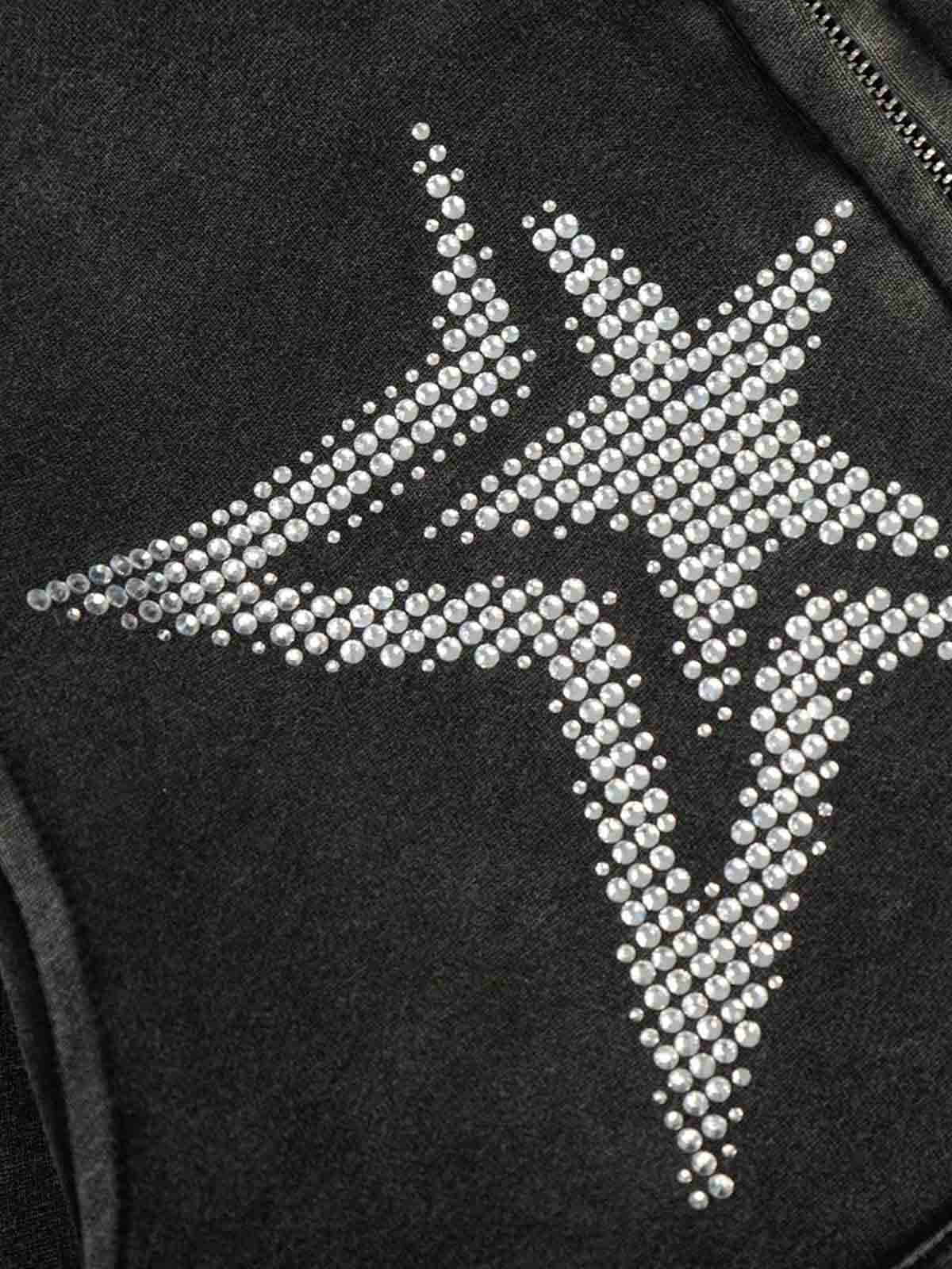 Vintage Washed Symmetrical Star Rhinestone Zip-Up Hoodie - Image 7
