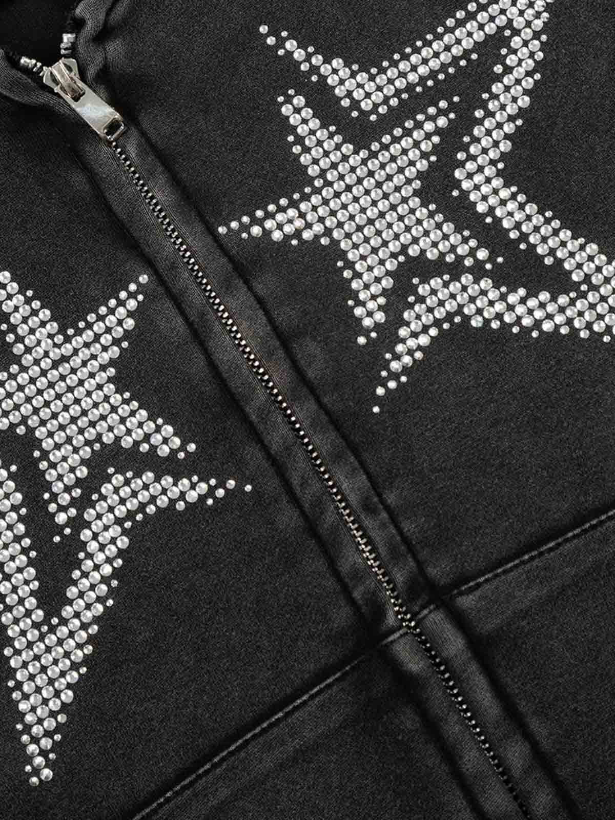 Vintage Washed Symmetrical Star Rhinestone Zip-Up Hoodie - Image 9