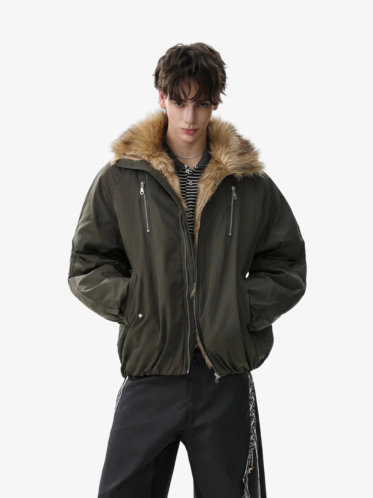 Vintage Zipper Design Fur Stand Collar Bomber Jacket - Image 5